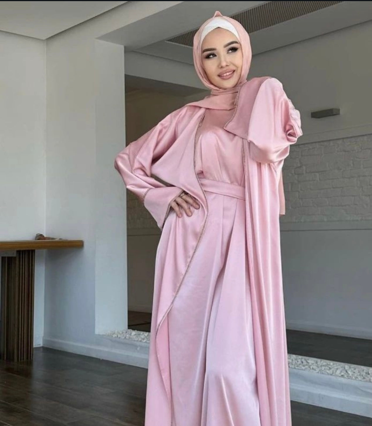 3 Piece Pink and Gold Abaya