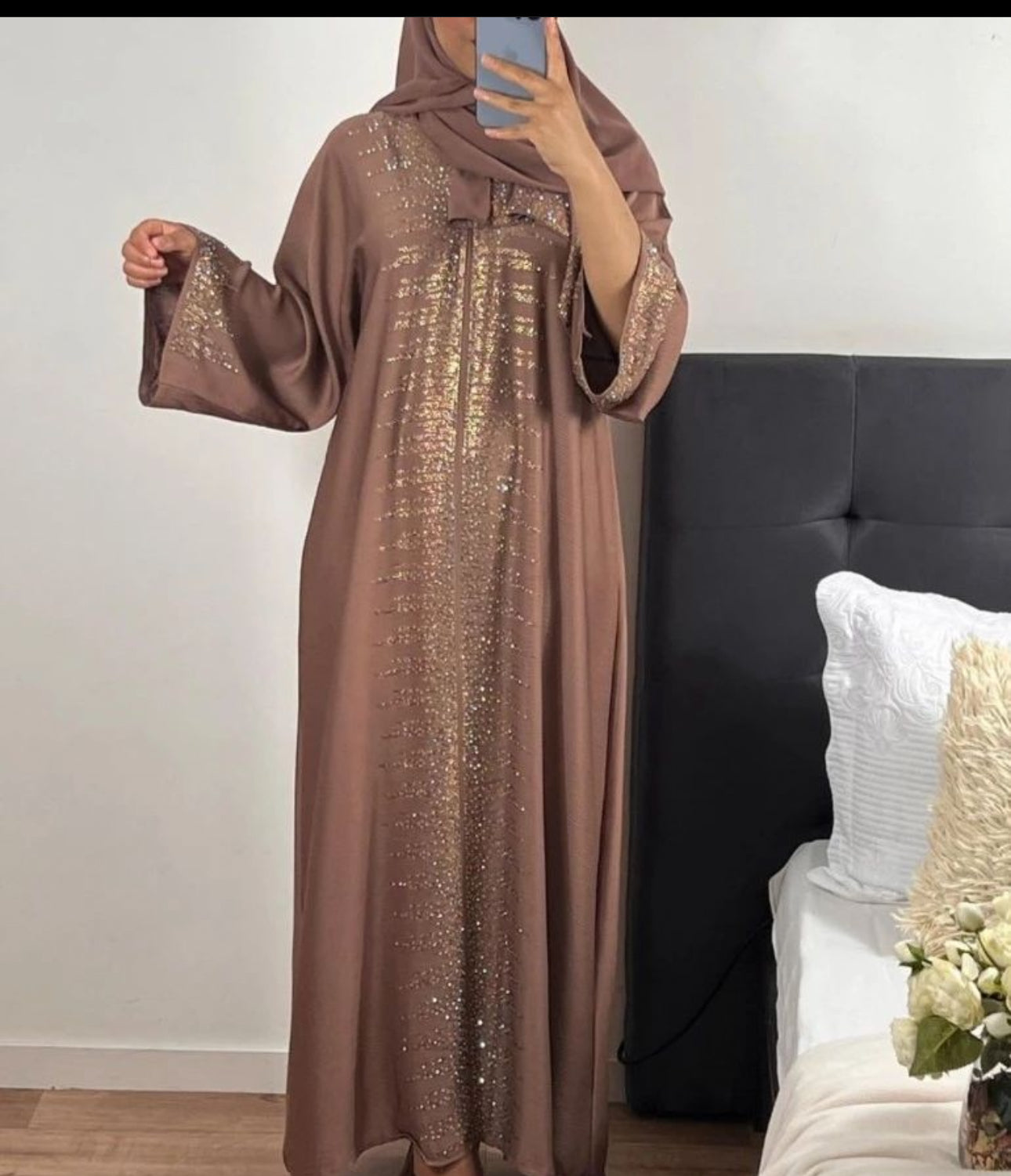 Brown closed Kaftan with rhinestones