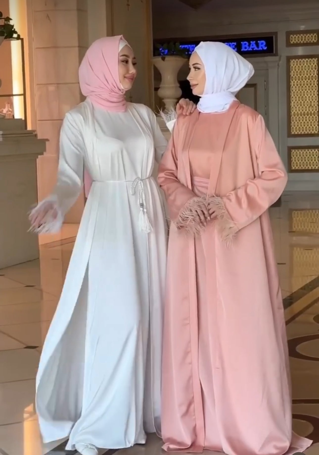 3 Piece Satin Abaya With fur Sleeve