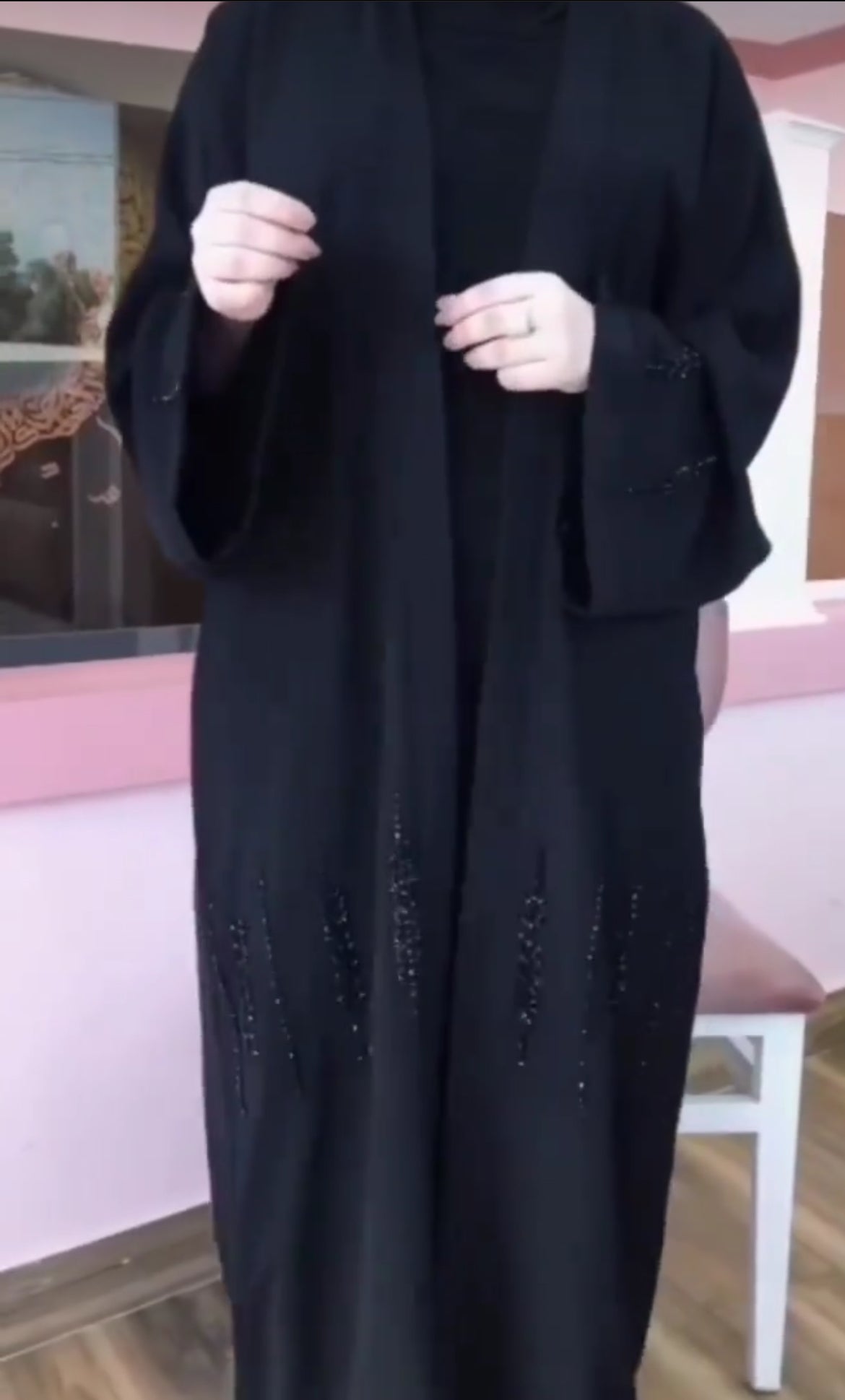 Black Long Flowing Kaftan Style With Rhine Stones