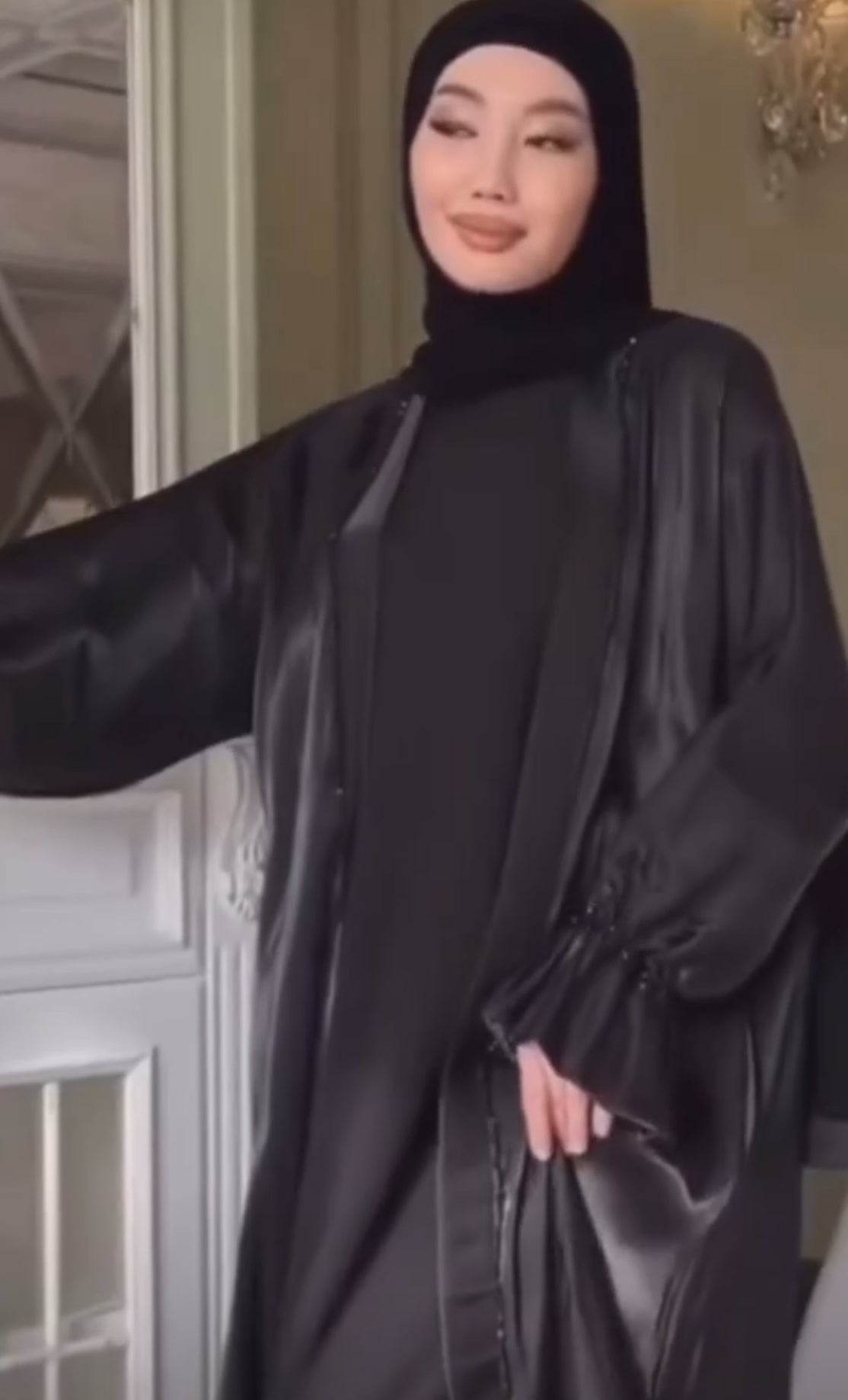 Luxury Black 3 piece Abaya kimono with butterfly sleeve.