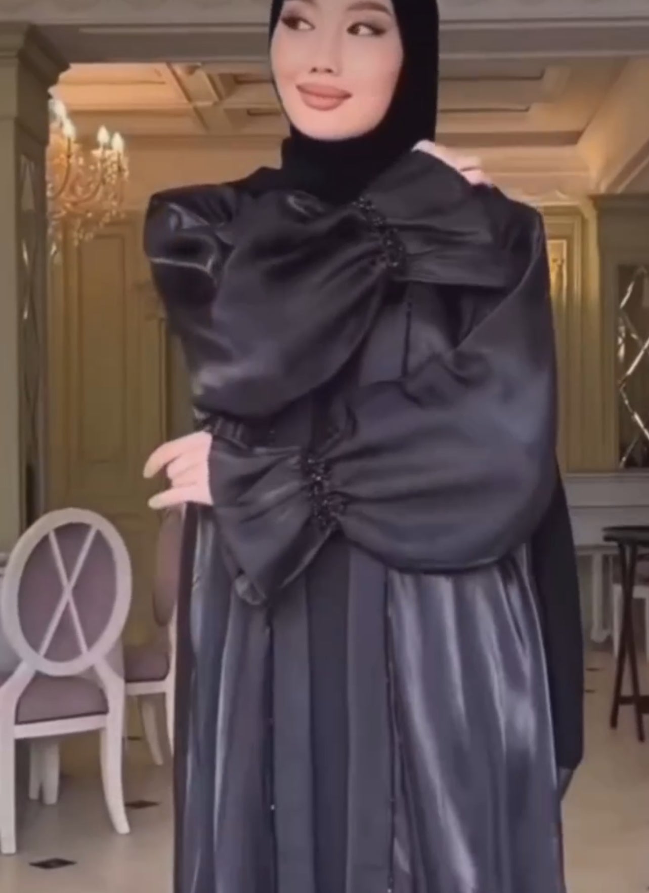 Luxury Black 3 piece Abaya kimono with butterfly sleeve.