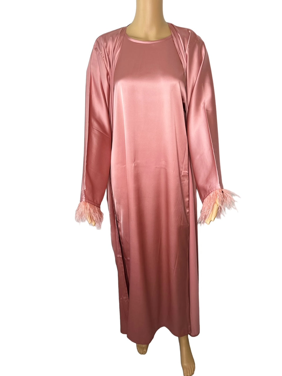 3 Piece Satin Abaya With fur Sleeve