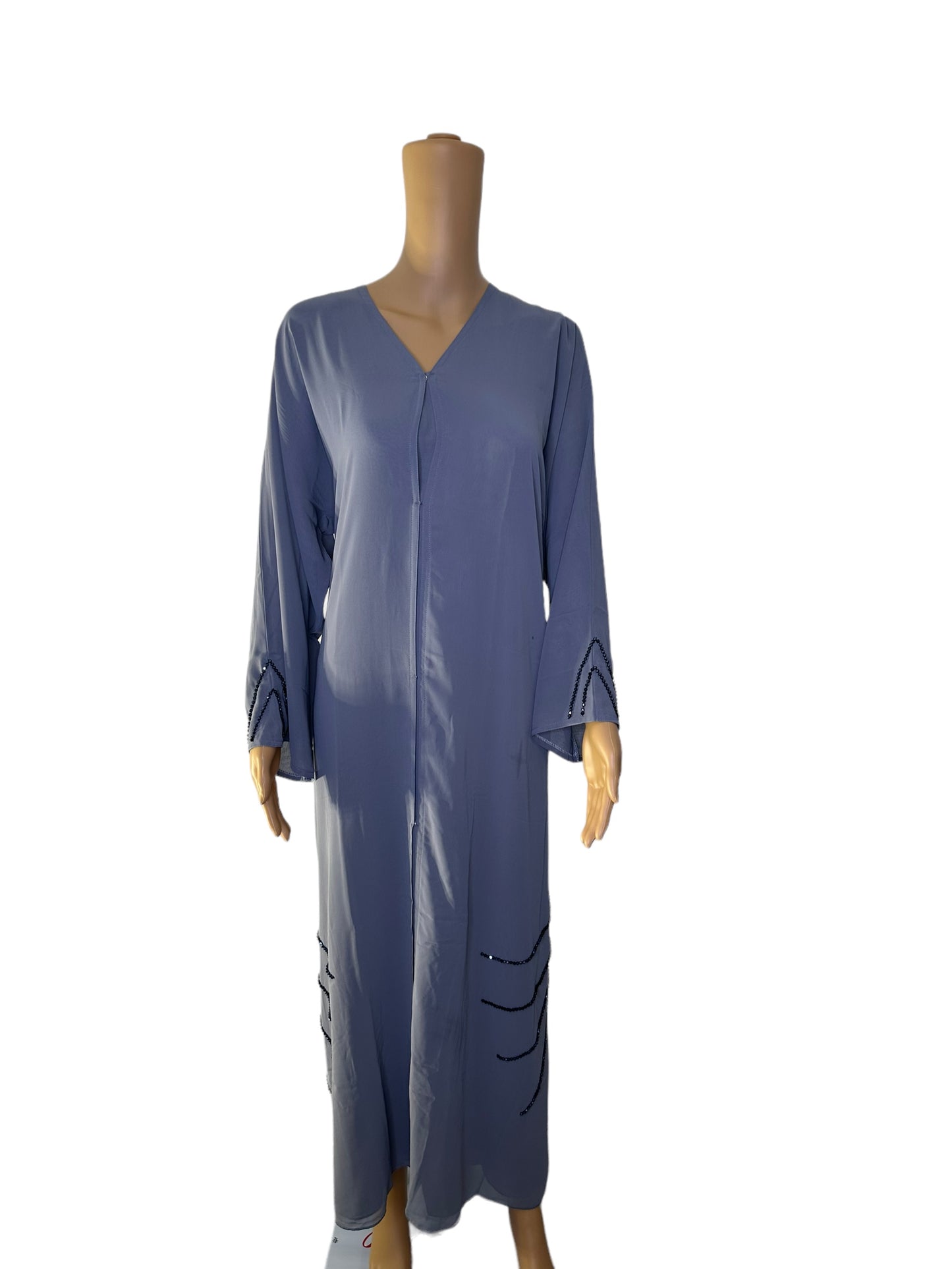 Long flowing soft blue Abaya With Rhinestone at the sleeve and bottom
