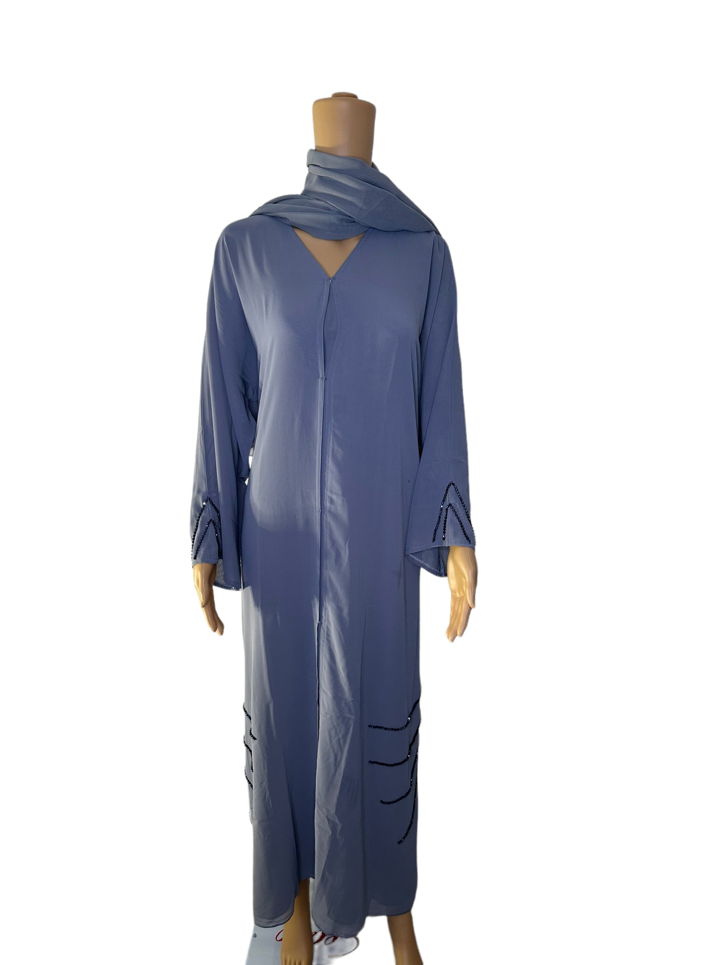 Long flowing soft blue Abaya With Rhinestone at the sleeve and bottom