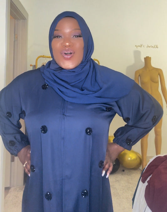 Navy Blue Abaya Kaftan with Circle Rhinestone